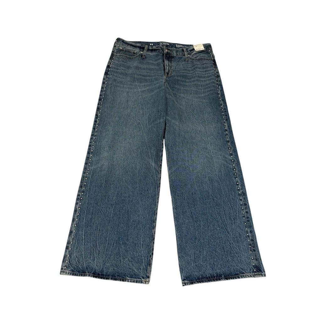 NWT J.Crew Re-84 IDG Studded Wide Leg Jeans Blue Denim Women's 33